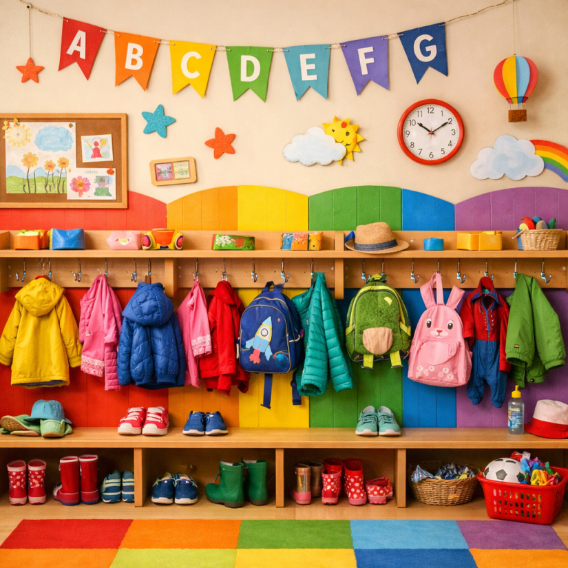 Children's jackets, backpacks, and shoes neatly arranged in a colorful preschool cubby area