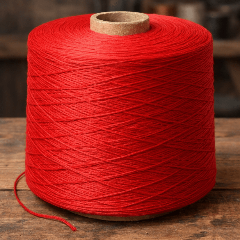 Large spool of red yarn on a wooden surface