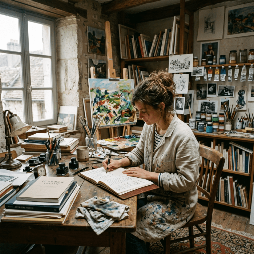 Artist writing in journal at wooden table in rustic art studio