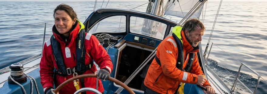 Two sailors on a sailboat handling steering and ropes in rough ocean conditions