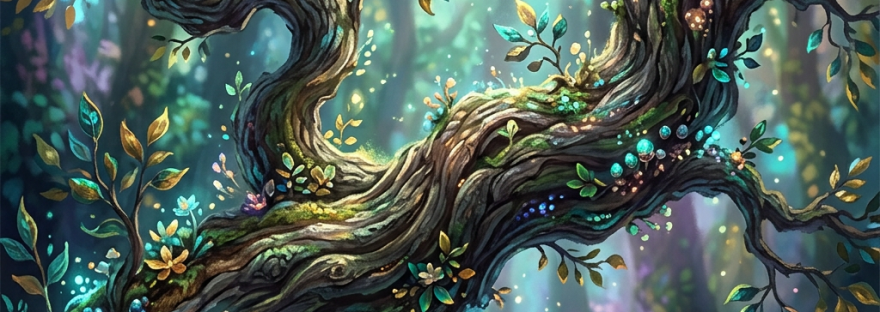 Twisted tree branch adorned with glowing leaves and flowers in a magical forest