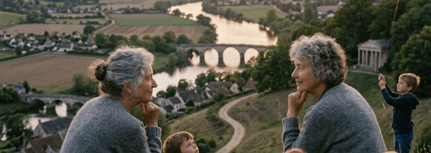 Two elderly women sitting on a stone bench facing each other with a river and village in the background at sunset