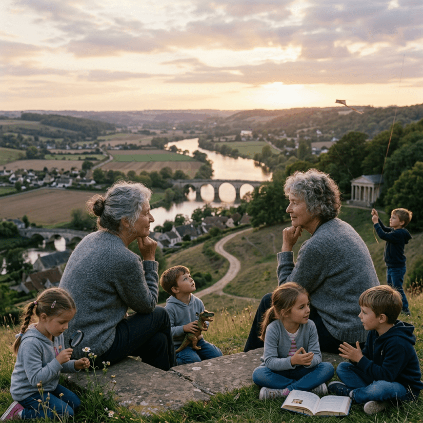 Two elderly women sitting on a stone bench facing each other with a river and village in the background at sunset