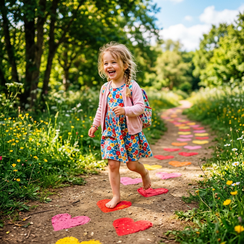 Young girl walking barefoot on a dirt path with painted colorful hearts, surrounded by green trees and flowers.
