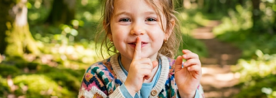 Young girl smiling and holding finger to lips sitting at table with children's books and toys in classroom