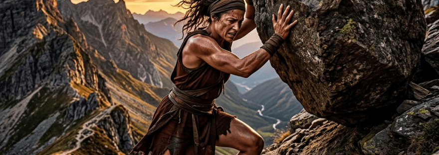 Woman pushing a large boulder uphill on a rocky mountain path during sunset