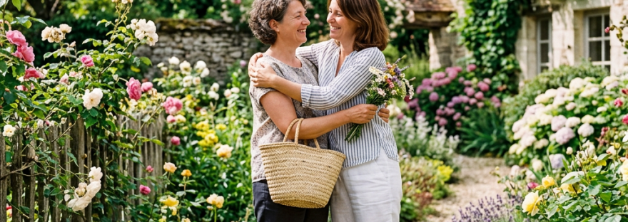 Two women hugging on a gravel path surrounded by colorful blooming flowers in a garden.