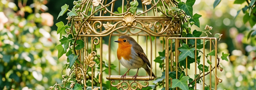 Golden birdcage entwined with green ivy, robin perched inside with cage door open