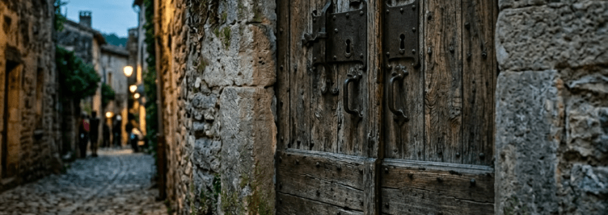 Open wooden medieval door with large iron lock on a stone building along a cobblestone street at dusk