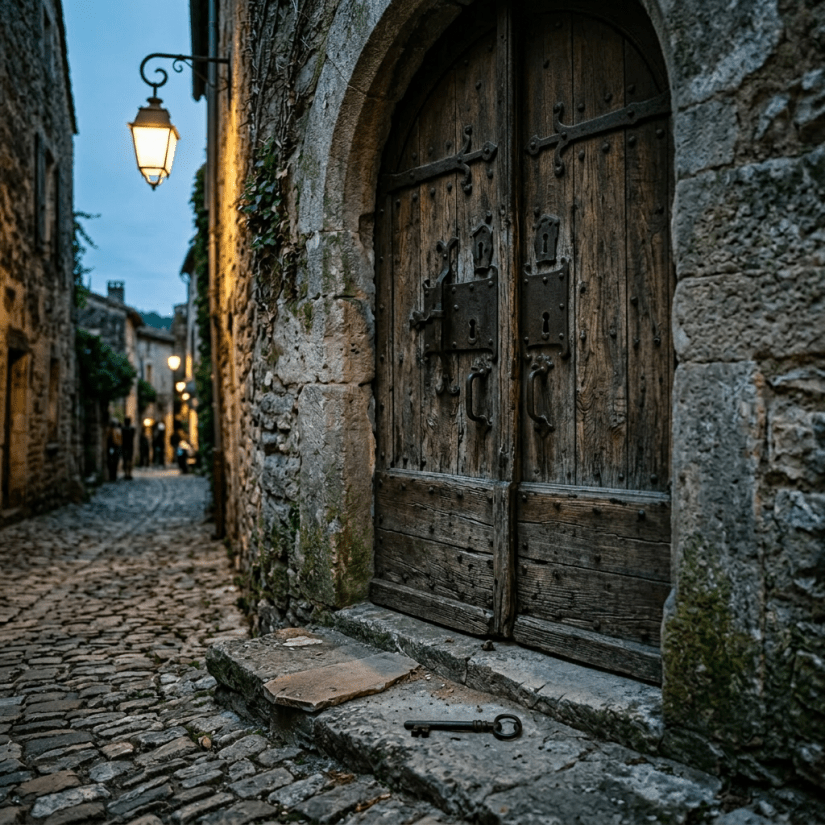 Open wooden medieval door with large iron lock on a stone building along a cobblestone street at dusk