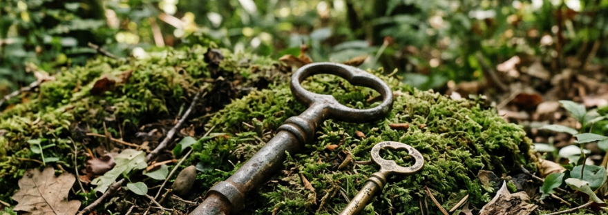 Two vintage metal keys lying on green moss surrounded by leaves and twigs