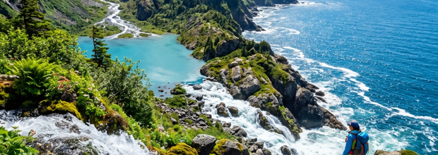 Hiker standing on rocky ledge near waterfall with turquoise lake and ocean coastline