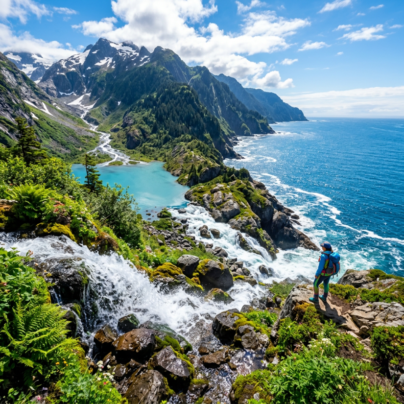Hiker standing on rocky ledge near waterfall with turquoise lake and ocean coastline