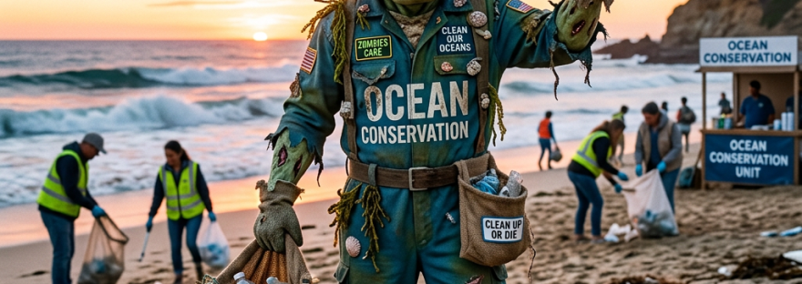 Zombie mascot in ocean conservation outfit holding bag of plastic trash on beach at sunset
