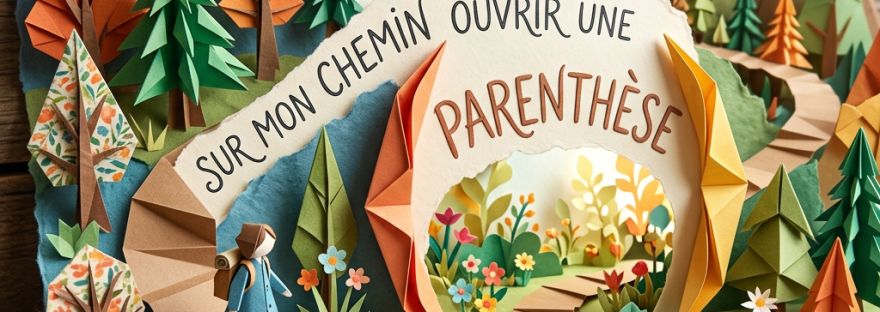 Paper craft of a person walking a winding path through paper trees, flowers, and mountains with French text