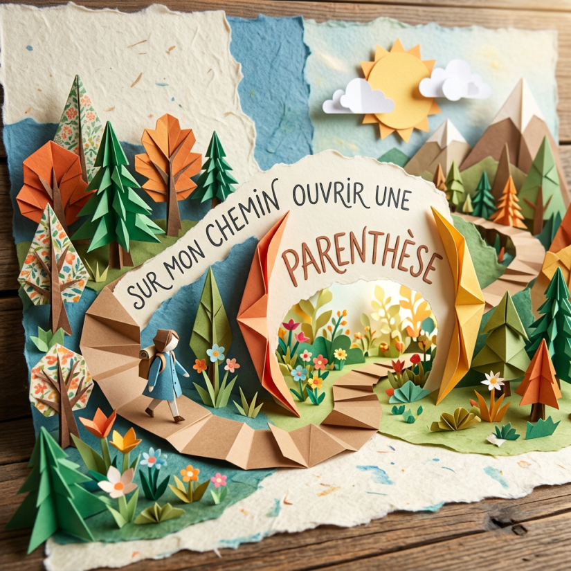 Paper craft of a person walking a winding path through paper trees, flowers, and mountains with French text