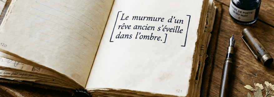 Open vintage poetry journal with handwritten French poem, fountain pen, ink bottle, and cup of tea on wooden table