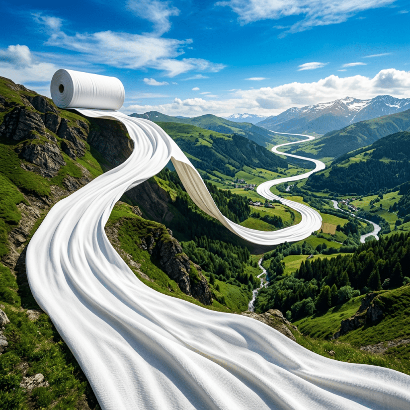 Large white fabric roll unrolling over mountains, resembling a river in a valley