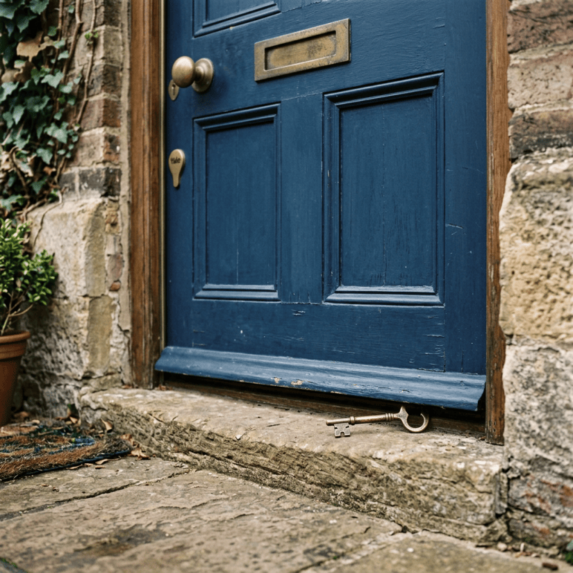 Antique brass key on stone doorstep under blue wooden door