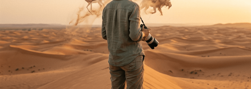 Woman standing on desert sand dunes holding a camera with sand animals forming around her