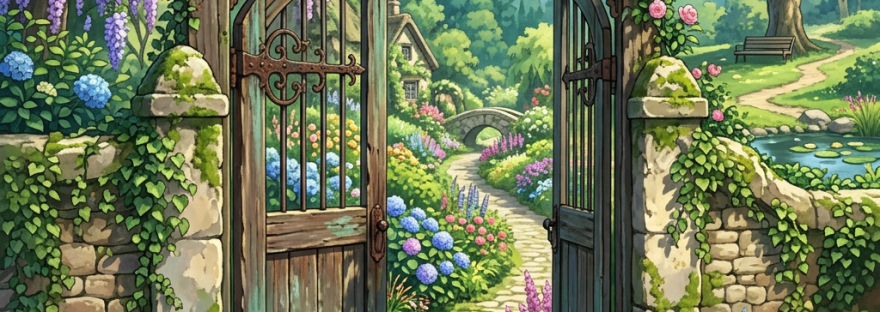 Open rustic wooden gate with vines and flowers leading to a stone path and cottage