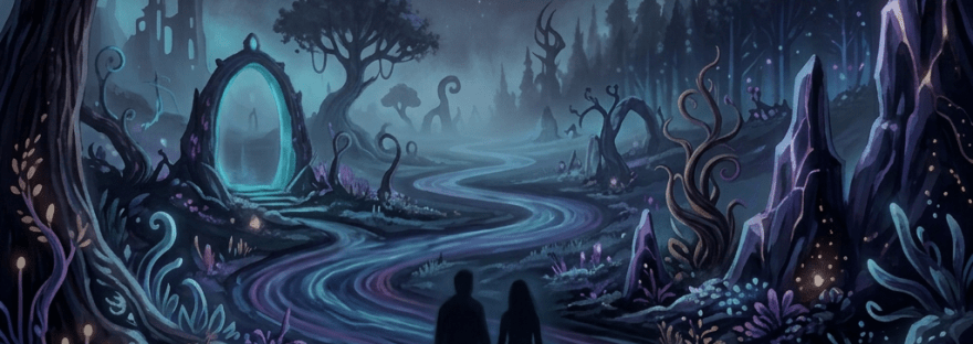 Two silhouetted figures walking along a glowing path through a magical forest