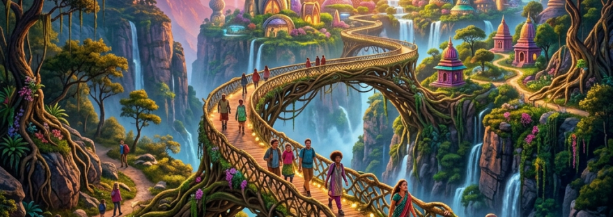 Hikers crossing a curved bridge toward a glowing futuristic city above waterfalls
