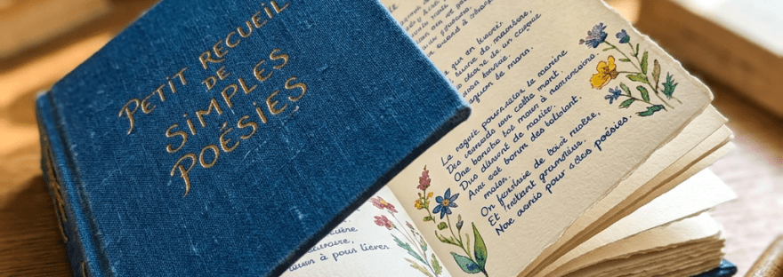 Open French poetry book beside a wooden pen and potted plant