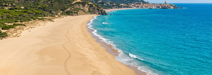 Busy sandy beach with colorful umbrellas, turquoise sea, boats, and coastal hills