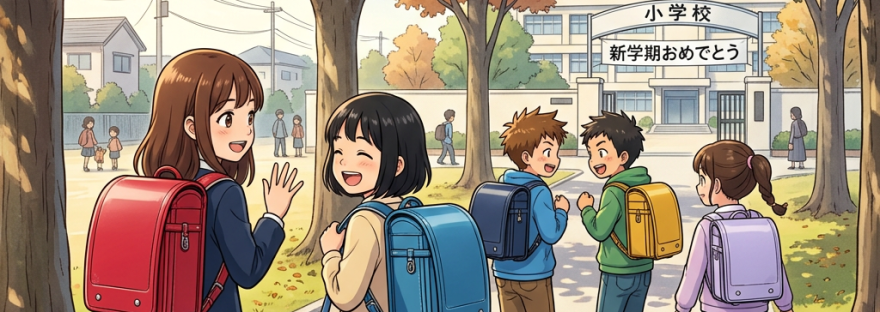 Children with backpacks walking toward a Japanese elementary school in autumn