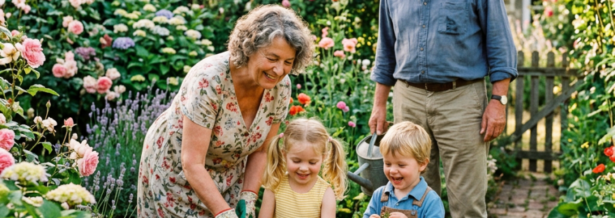Two adults and two children planting flowers in a colorful garden