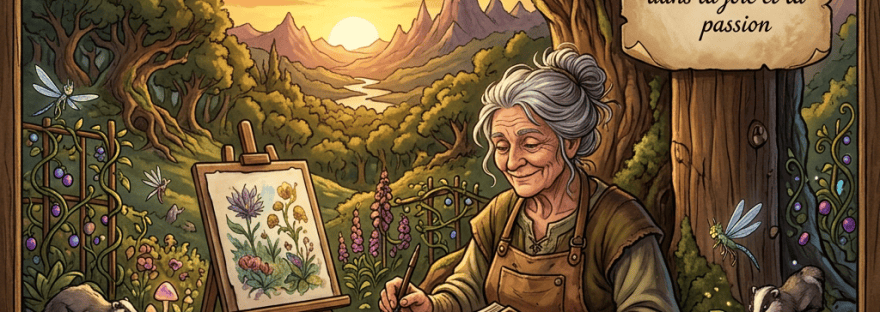 Elderly woman painting and writing in a garden; text: “il me reste moins de temps à vivre que ce que j’ai déjà vécu alors j’écris, je dessine, je jardine dans la joie et la passion”