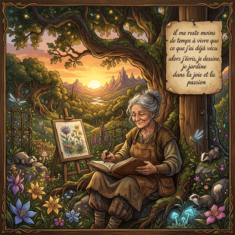 Elderly woman painting and writing in a garden; text: “il me reste moins de temps à vivre que ce que j’ai déjà vécu alors j’écris, je dessine, je jardine dans la joie et la passion”