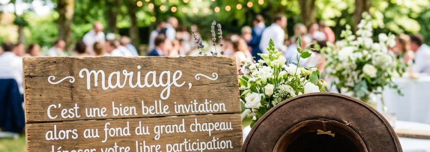 Wooden sign reads: “Mariage, C’est une bien belle invitation alors au fond du grand chapeau déposez votre libre participation au bel avenir du grand saut de deux coquins de lapereaux.” A hat holds coins and money beside flowers.