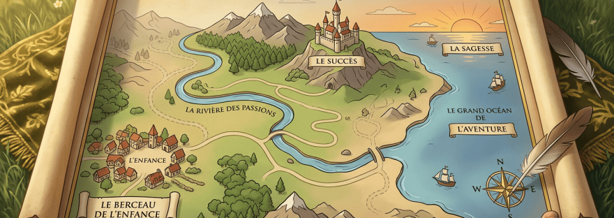 French illustrated map titled «La cartographie d’une vie», with labeled stages from childhood to wisdom
