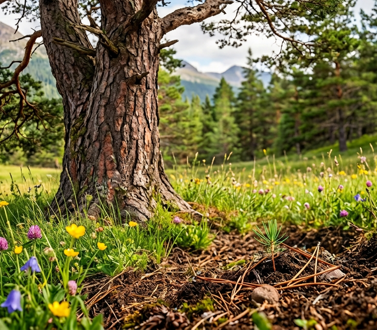 Weathered pine tree and young sapling in a mountainous forest