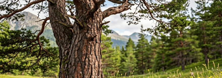 Weathered pine tree and young sapling in a mountainous forest