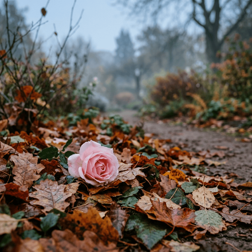 Pink rose among October leaves