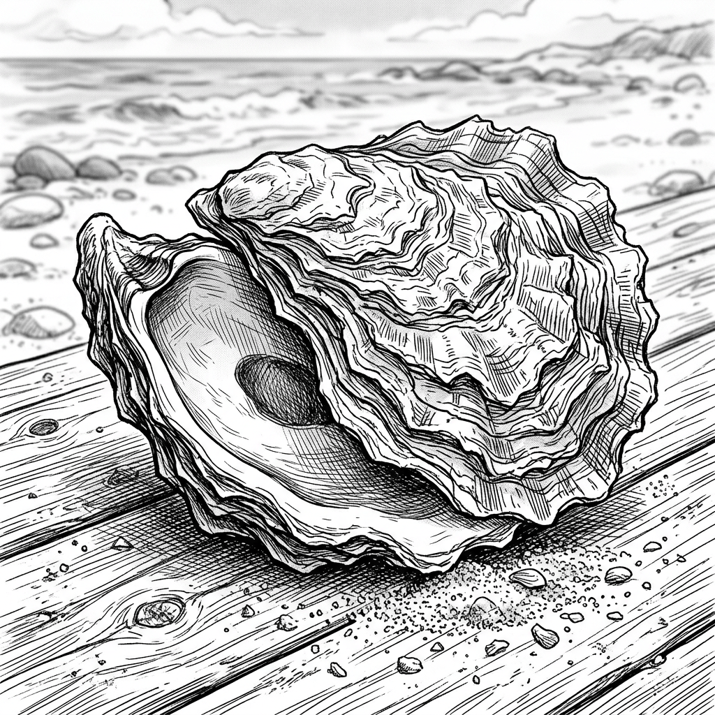 Open oyster shell resting on driftwood beside a rocky shoreline
