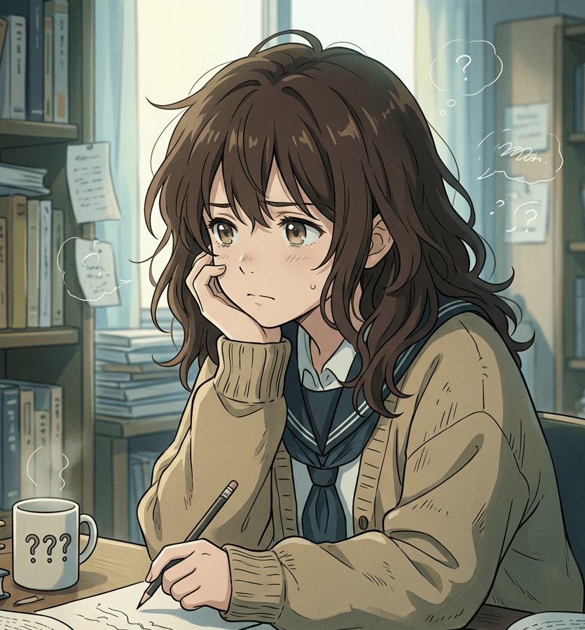 Anime-style student writing at a desk surrounded by books and question marks