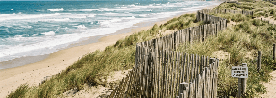 Wooden dune fencing beside a beach; sign reads “ACCÈS DUNES RESPECTEZ LA BANNETTE.”