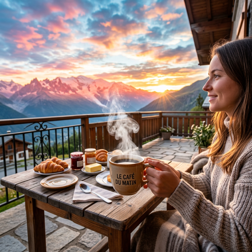 Woman holding coffee on balcony overlooking the Alps at sunrise
