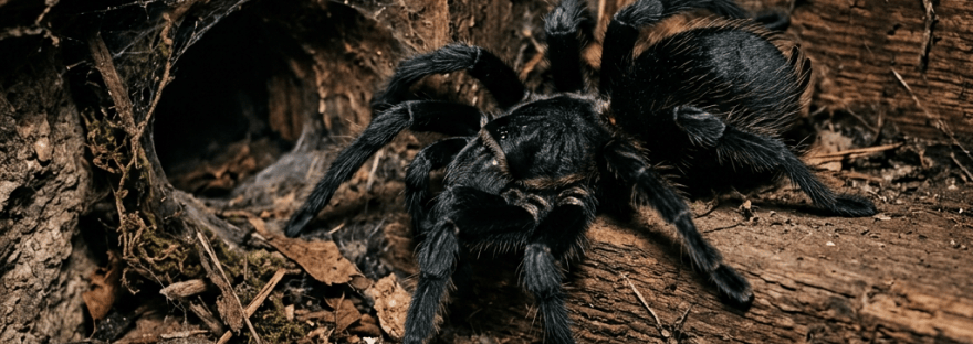 Black tarantula crawling across weathered wood beside a dark burrow